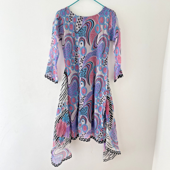 Y2K Psychedelic Boho Dress Handkerchief Hem Abstract Print Fairycore Festival M - Picture 2 of 6